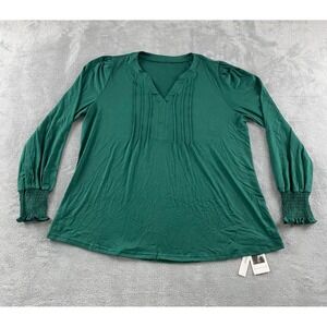 LOMON Women Green Pintuck Pleat Split V-Neck Smocked Cuff Blouse Top XL NEW